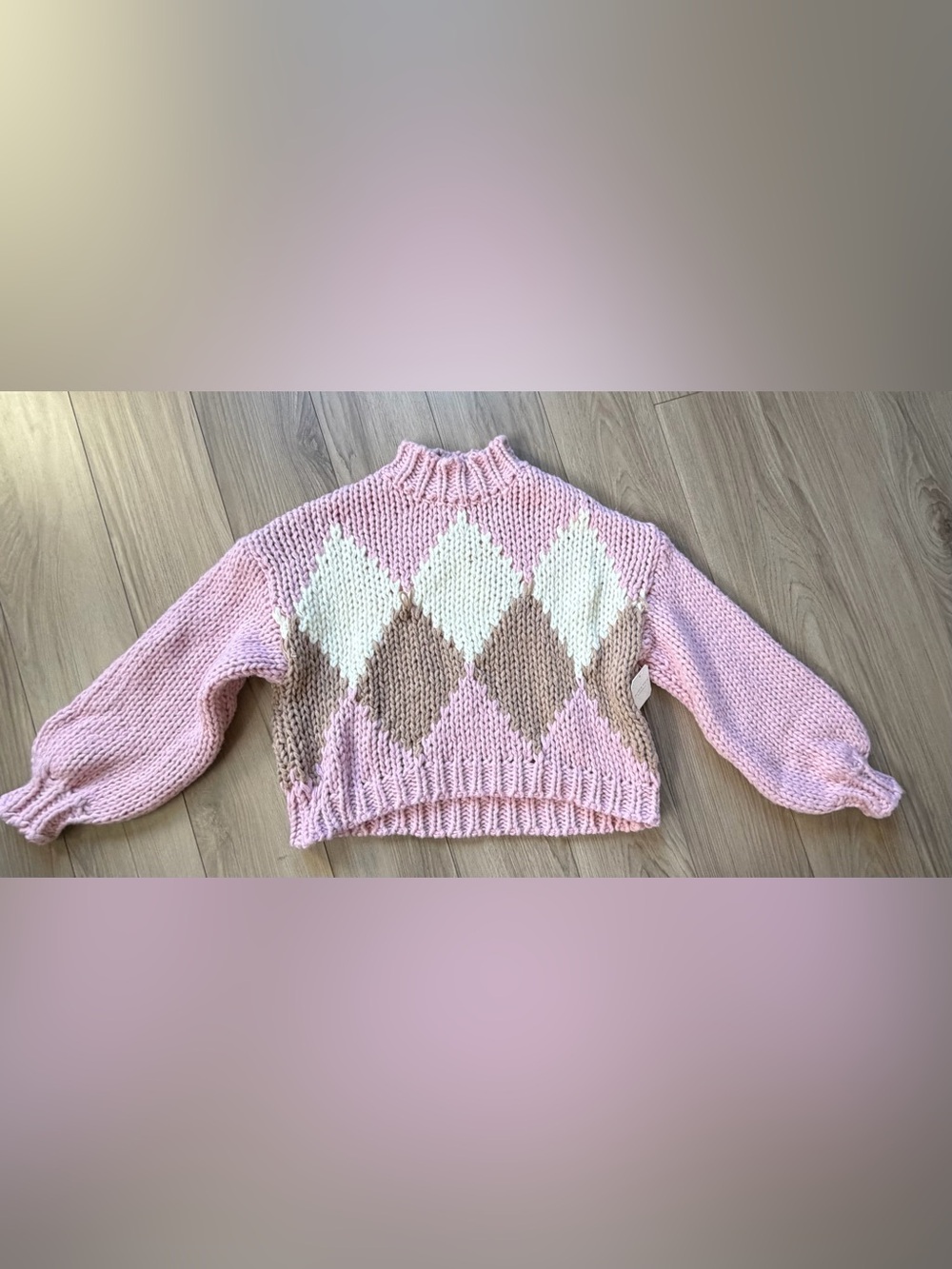 Altar’d State Mock Neck Dolman Sleeve Chunky Knit Pink Argyle Cropped Sweater S